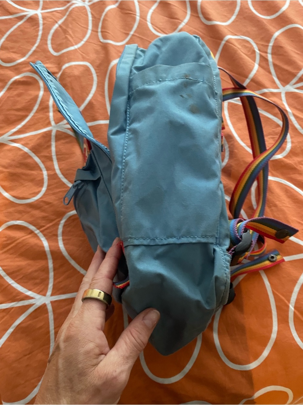 Fjallraven Kanken Light Blue Backpack with Rainbow Webbing - Picture 4 of 8